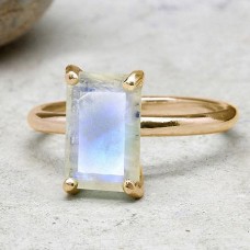 Rainbow moonstone 12x8mm rectangle silver prong ring